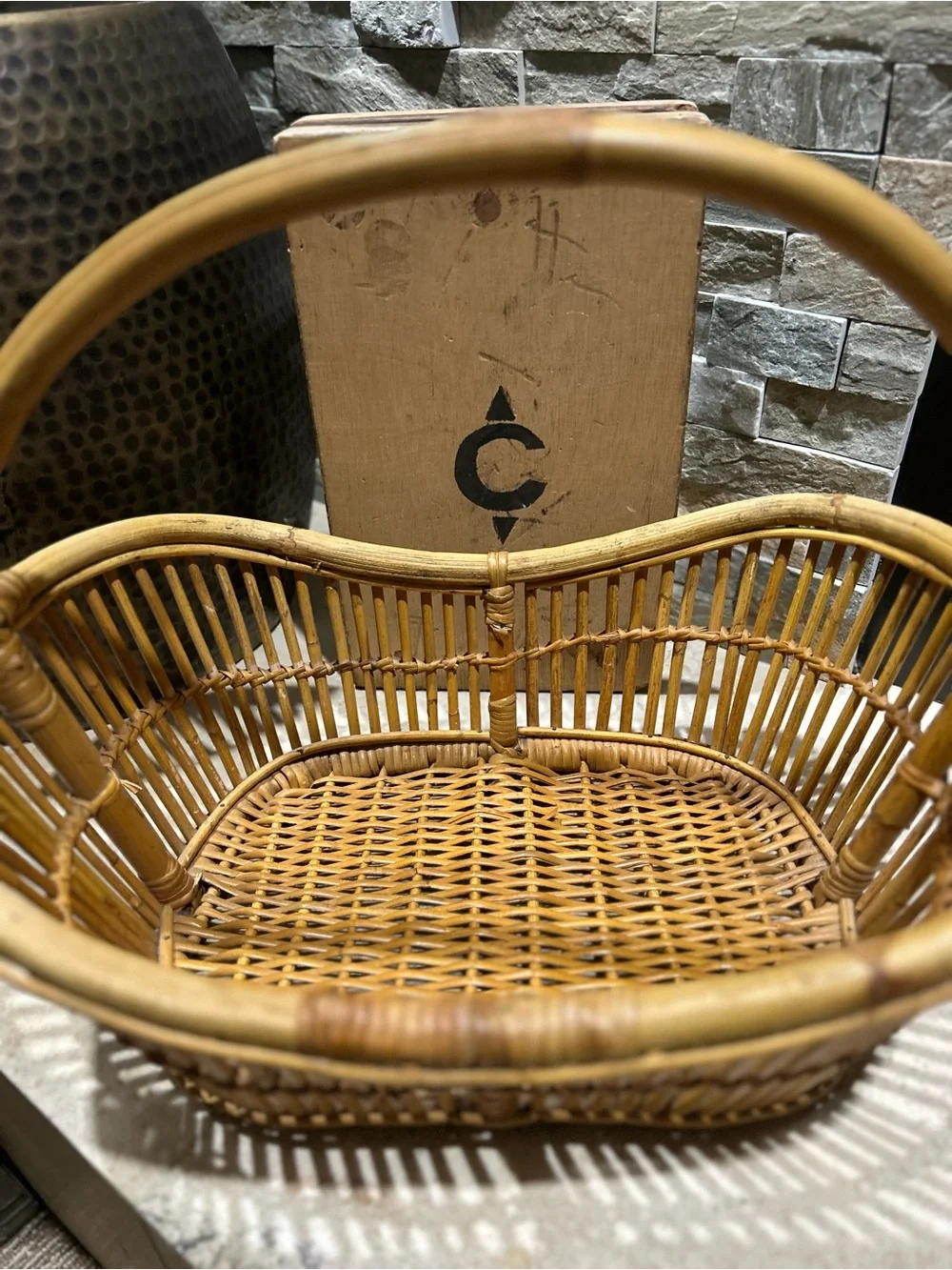 Vintage Bent Bamboo and  Natural Rattan Handled Basket